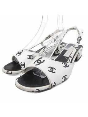 Chanel CC Logo Sandals Slingback Heels Leather 37c White Black